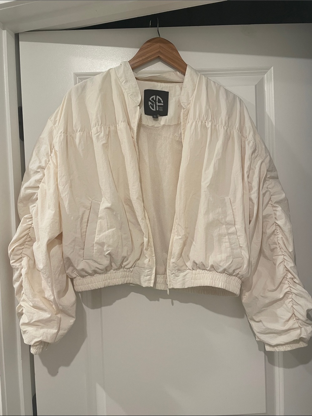 Stitch fusion Cream Cropped Bomber Jacket large
